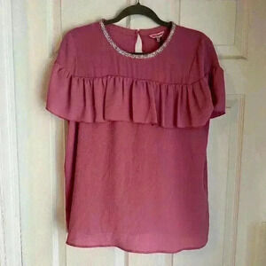 New Juicy Couture Ruffle Layer Crepe Embellished Neckline Women's Blouse Sz M